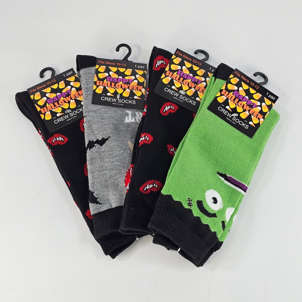Ulti-Max Halloween Crew Socks 4 Pair Pack Mens 10-13 Frankenstein Vampire Fangs